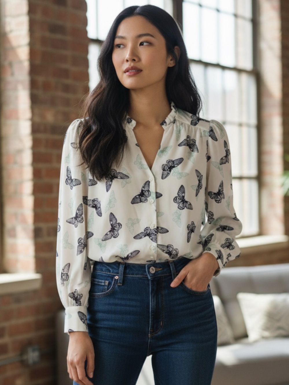 Ovi Cream Blouse with Black and Mint Butterfly Print